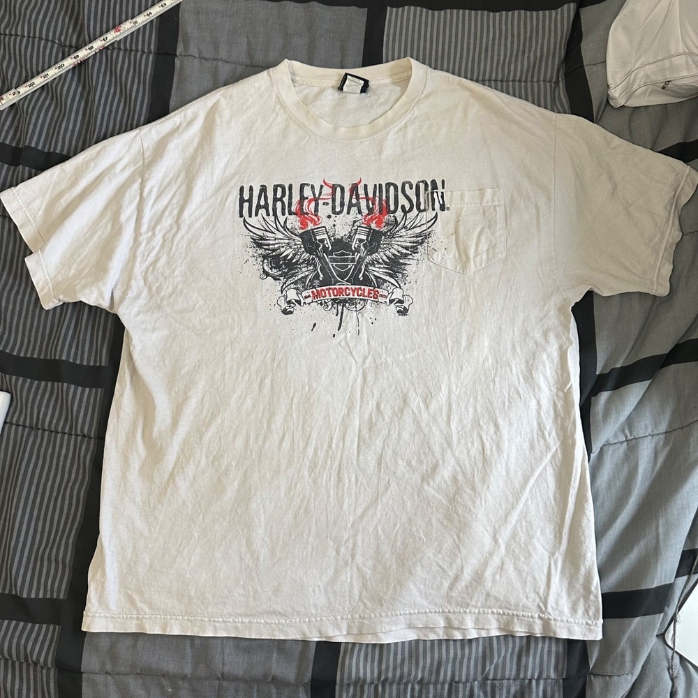 Harley Davidson Graphic T-shirt Mens L Skulls Pistons Flames Pocket Short Sleeve